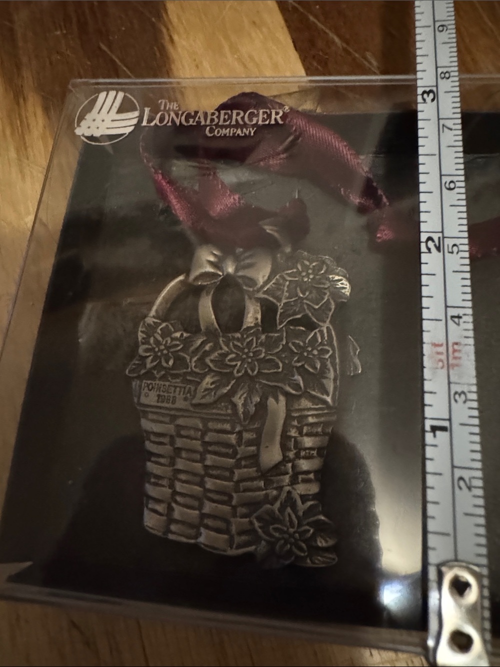 Longaberger Silver Basket Poinsettia Ornament with Burgundy Ribbon
